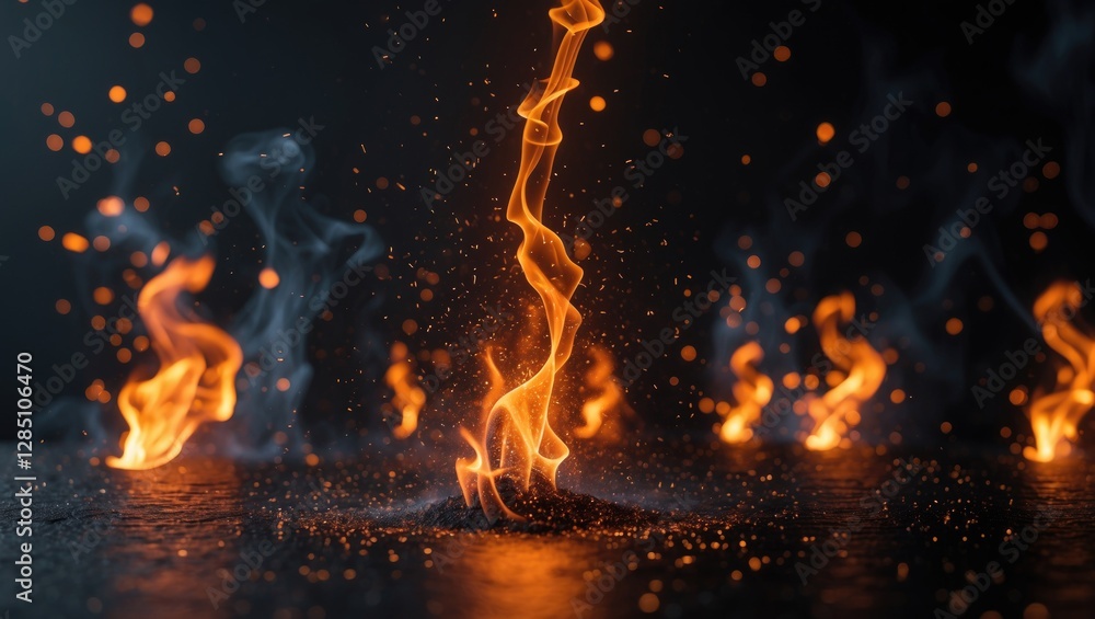 Poster sparks and flames dancing in isolation against a dark backdrop. extremely high resolution.