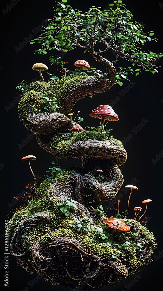 Poster artistic bonsai tree with vibrant mushrooms growing on it in a beautifully detailed composition : ge