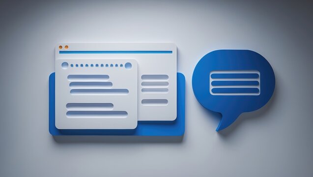 Detached coding symbol on a light background featuring a blue dialogue bubble representing web development, Java scripting, and HTML content generation.