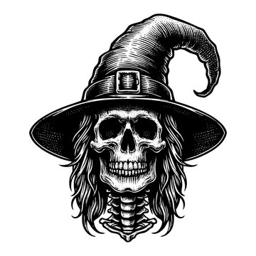 recommend clip art: Skull wear witch hat engraving black and white outline. Scratch board imitation.  illustrated in vintage line art style on a white background.
                    