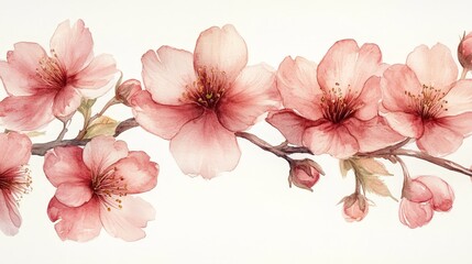 A delicate watercolor illustration of pink cherry blossoms on a branch.