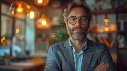 Fototapeta premium Confident mature man with glasses in a stylish indoor setting, warm lighting and modern decor for professional portraits