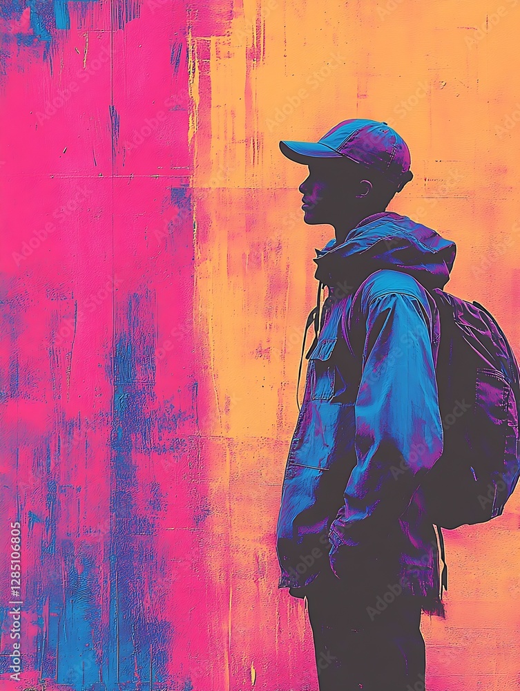 Aufkleber silhouette of a young man against a vivid colorful background in an urban setting : generative ai