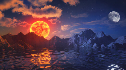 Fiery sunset, serene night, and majestic mountains create a breathtaking celestial scene.