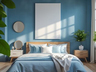 Modern bedroom interior with a stylish blue color scheme, cozy bed, wooden nightstands, large blank frame on the wall, natural light from the window, and green plants

