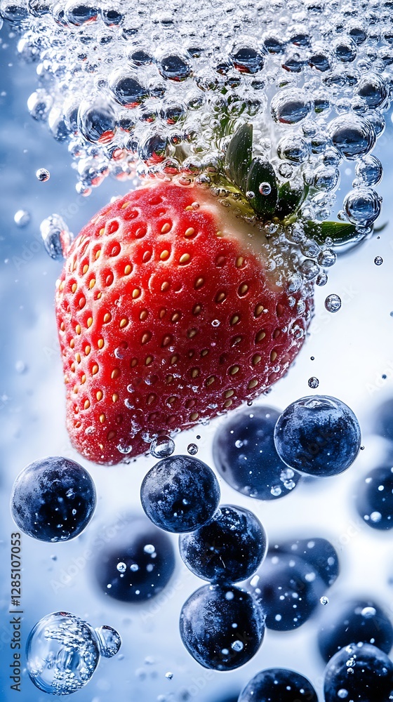 Poster Fresh strawberries and blueberries submerged in sparkling water creating a refreshing and vibrant splash effect : Generative AI