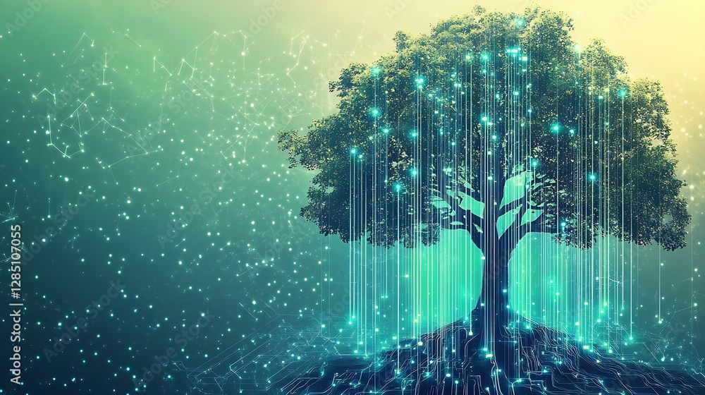 Poster abstract digital artistic representation of a lush tree connected to technology showcasing a blend o
