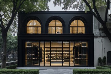 Stunning modern architecture featuring elegant black facade and tall windows for stylish design inspiration : Generative AI