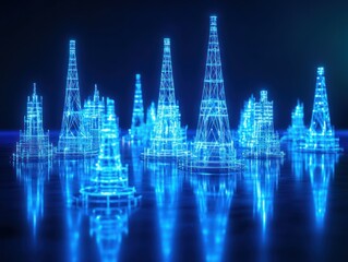 Fototapeta premium Futuristic city skyline at night, digital rendering, reflection, technology