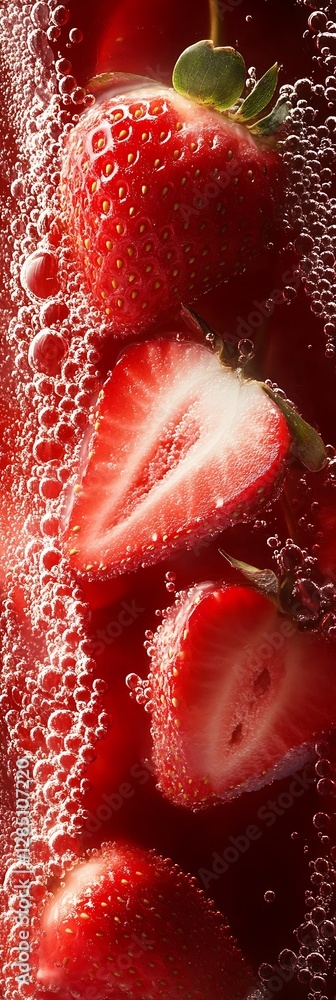 Poster Fresh strawberries submerged in sparkling bubbles creating a refreshing fruit beverage background : Generative AI