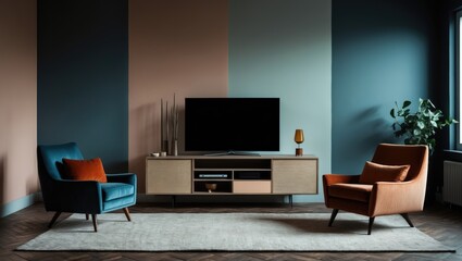 Contemporary living room decor featuring a TV unit and walls in dual colors.