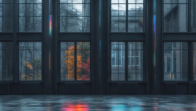 Expansive windows featuring an abstract sleek architectural design with black and colorful wire gloss interiors. - Powered by Adobe