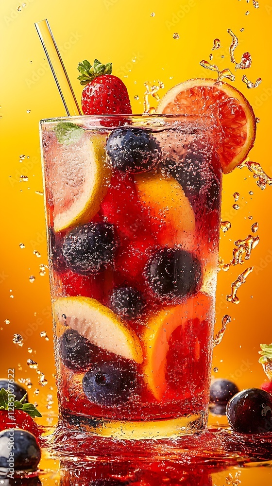 Poster Refreshing fruit drink splashing in a glass with vibrant colors and bubbles in an orange backdrop : Generative AI