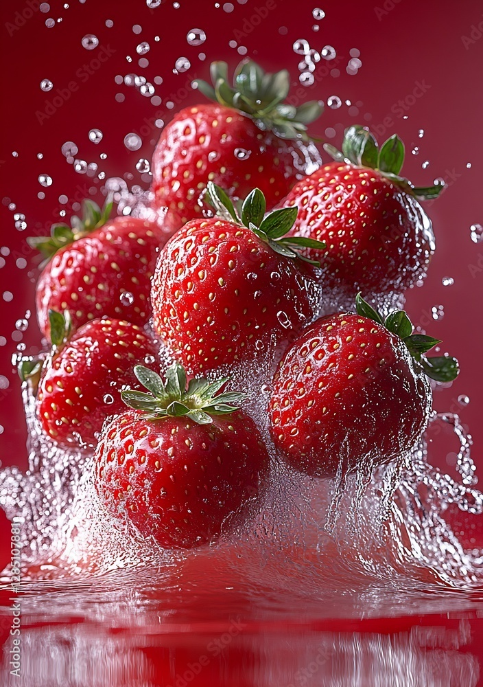 Poster Fresh strawberries splashing in water against a vibrant red background showcasing their juicy texture and color : Generative AI