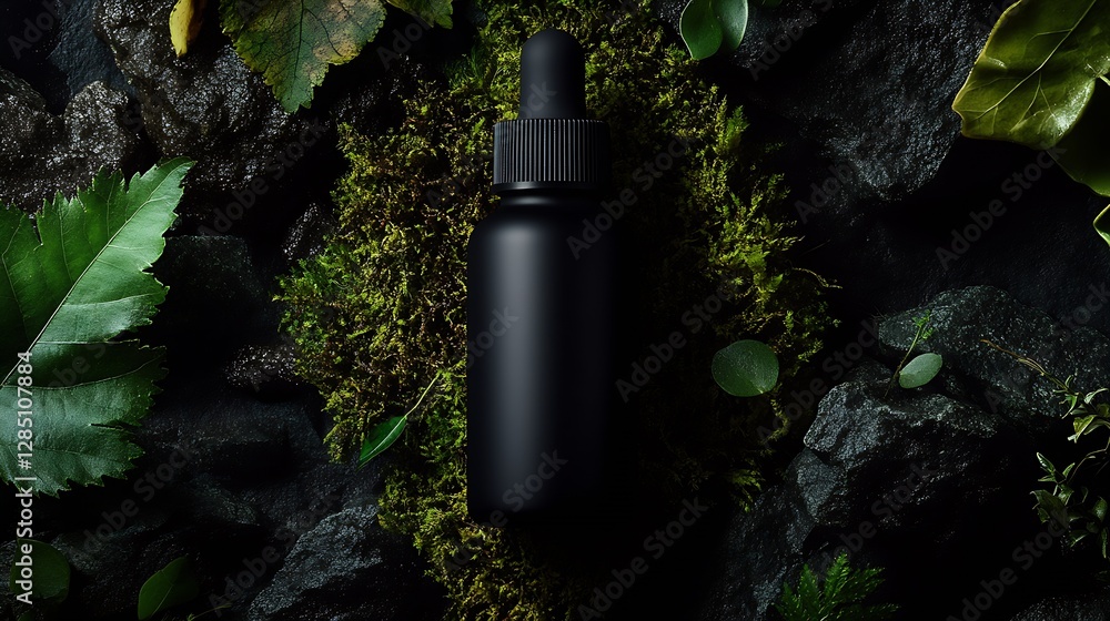 Poster elegant black glass dropper bottle placed on vibrant moss surrounded by assorted green leaves creati