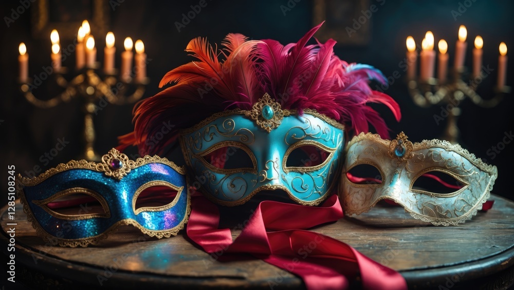 Poster colorful venetian half masks arranged on a table. carnival masks displayed with eye coverage. vibran