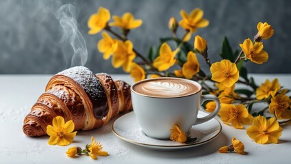 Chocolate pastry with cappuccino and mimosa blossoms on a white table for a spring Mother's Day celebration