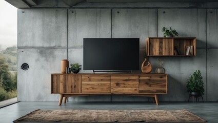 Design of a wooden TV stand set against a concrete wall in a living space.