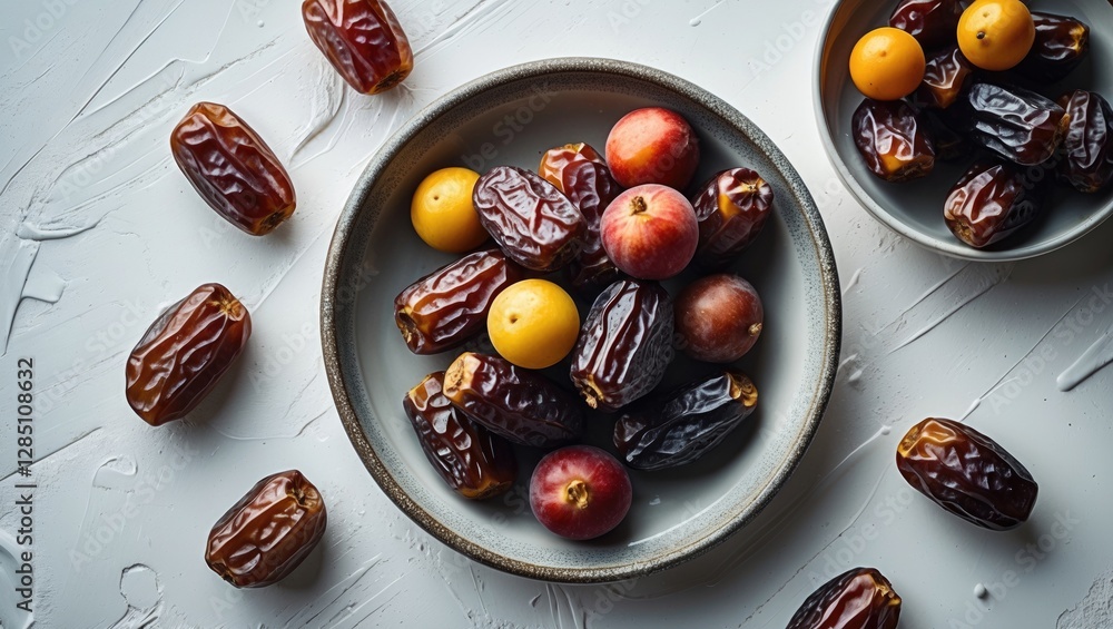 Poster bird's-eye view of a dish filled with dates and assorted fruits set against a light background. orga