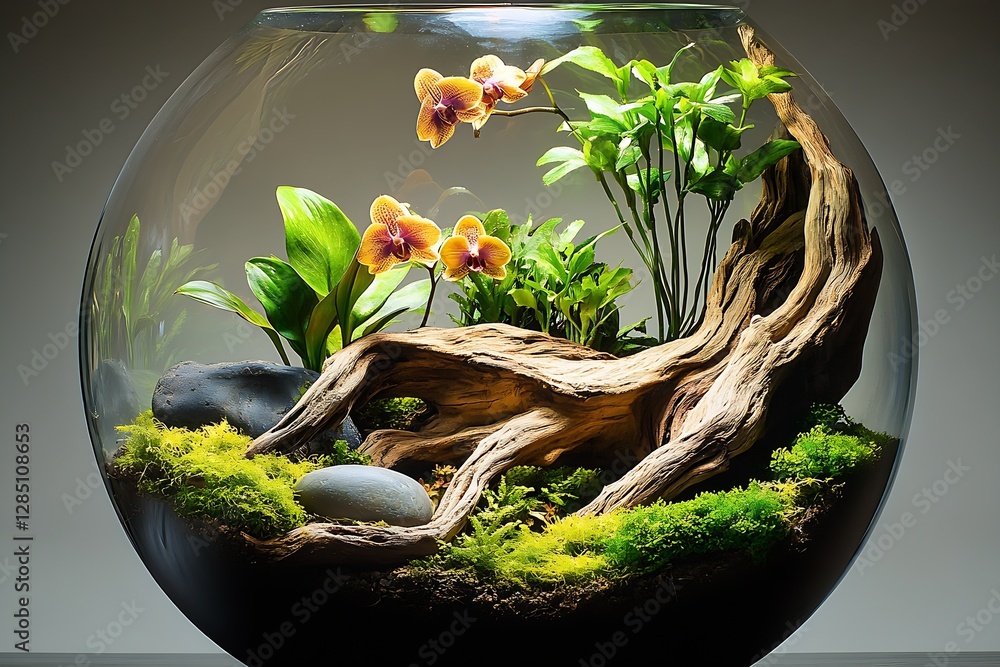 Poster beautiful aquarium landscape with orchids and wood creating a serene aquatic environment : generativ