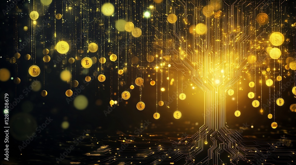 Fototapete digital tree illustration with sparkling golden coins representing wealth and prosperity : generativ