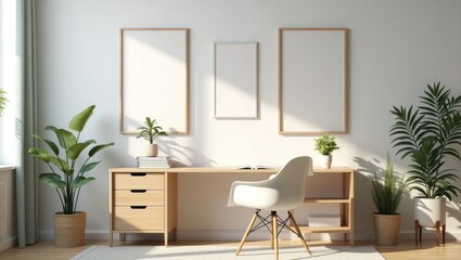 Fototapeta premium Authentic image of a vibrant living room design featuring a half-wall adorned with posters, a books-filled desk, fresh greenery, and a window dressed with curtains.