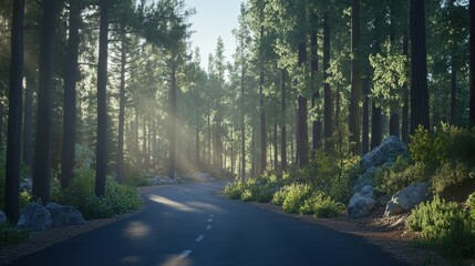 Obraz premium Scenic Sunlit Road Through Lush Green Forest with Dappled Light and Rocky Terrain