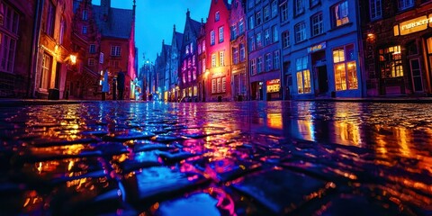 Naklejka premium City street with a reflection of the buildings in the water