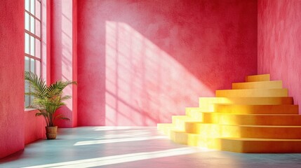Modern Minimalist Interior with Colorful Stairs and Sunlight