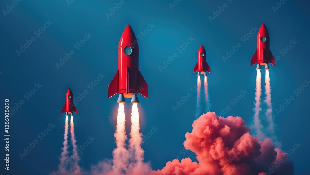 Poster a single distinct red rocket amidst others on a blue backdrop. emphasizing originality, setting ones