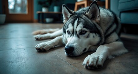 Husky resting on the floor indoors