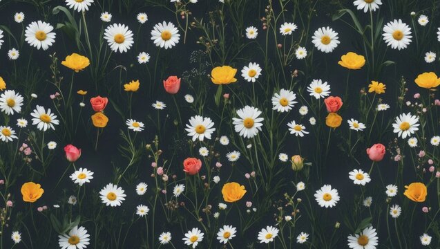 Fototapeta A seamless design featuring meadow blossoms. Delicate daisy motifs that evoke Paisley styles. Small wildflowers and roses contribute to a minimalist botanical print. Inspired by springtime nature.