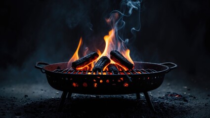 Flaming charcoal barbecue grill with visible fire, ideal for product promotion. Theme of summer cookouts, outdoor grilling, and gatherings. Dark empty space for text.