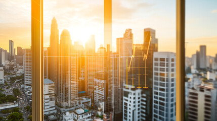 Sunrise over skyscrapers business data visualization in urban landscape city skyline inspirational viewpoint