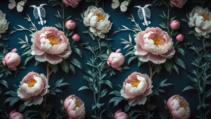 vintage floral wallpaper design featuring peonies, butterflies, and skeleton motifs. rich dark backdrop with botanical elements. repeating pattern suitable for wallpaper, fabric, and various surfac...