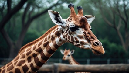 Obraz premium Giraffe at the zoo: A glimpse of wildlife.