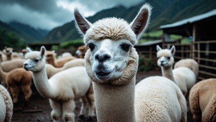 Obraz premium Detailed view of a white Alpaca on a farm close to Puno, Peru.