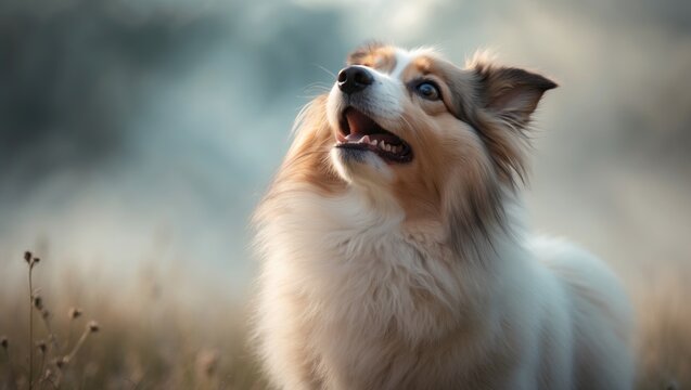 Portrait of an adorable Shetland sheepdog gazing upward while barking.