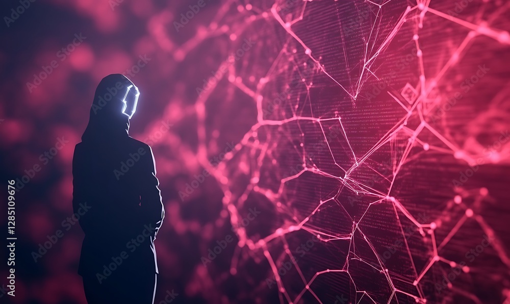 Poster silhouette of a person observing a digital network against a vibrant, abstract background.