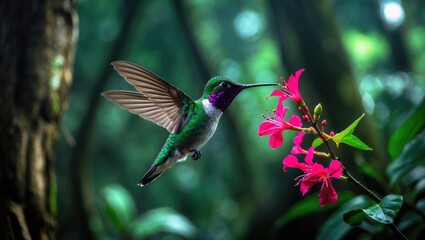 Fototapeta premium Emerald Violet-ear, Colibri thalassinus, hovering in lush tropical woodland, red flowers, Tapanti NP, Costa Rica. Jungle wildlife scene featuring a hummingbird near pink blossoms in a forest habitat.