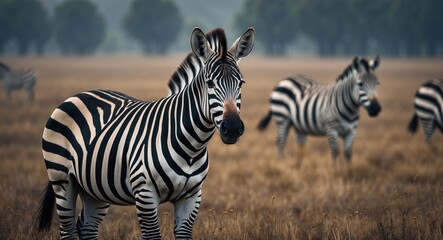 Fototapeta na wymiar Zebra Hippotigris Grazing in the Meadow