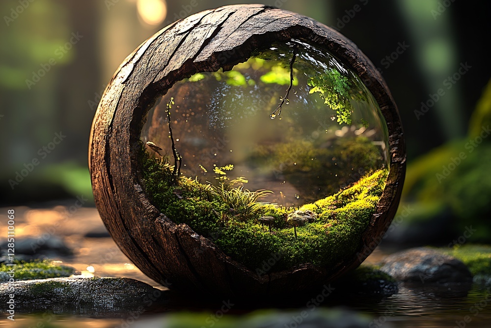 Poster artistic wooden sphere with a transparent globe featuring lush greenery and reflective water : gener