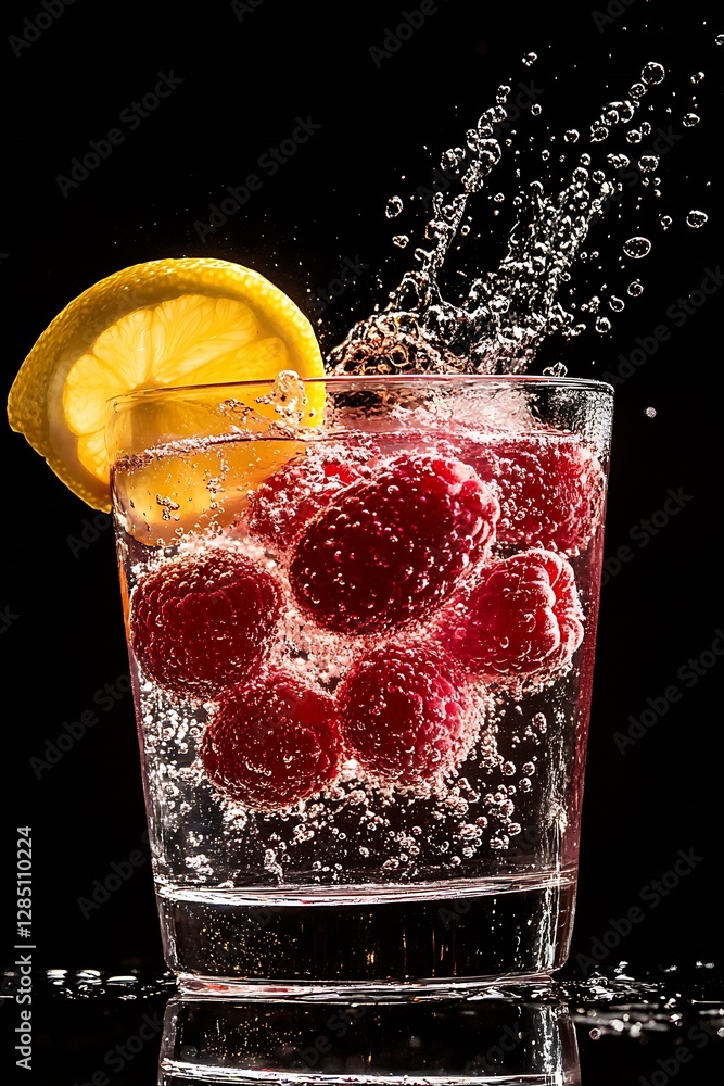 Aufkleber Refreshing Drink with Raspberries and Lemon Splashing in Sparkling Water : Generative AI