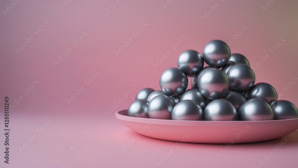 Poster shiny metal spheres grouped together on a soft pink gradient background, showcasing an abstract circ