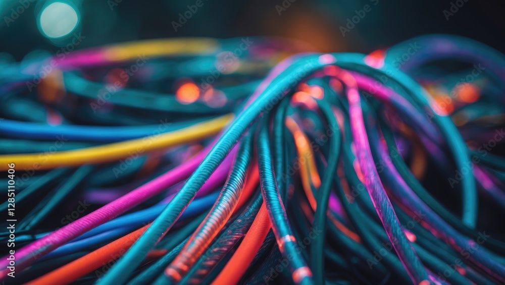 Poster vibrant abstract image of illuminated telecom cables in diverse hues