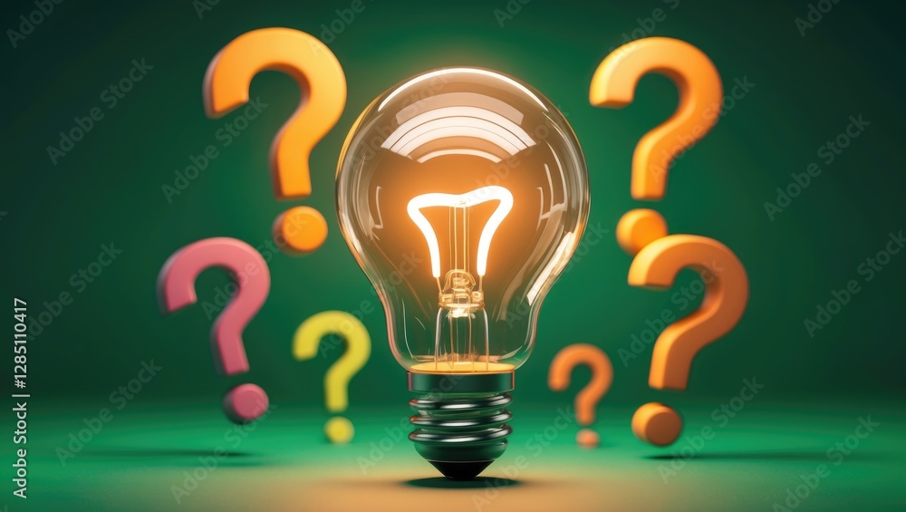 Poster illuminated lightbulb surrounded by question marks on a green backdrop symbolizing innovative thinki