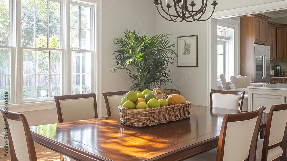 Poster brightly lit dining room with a wooden table set with fresh fruits creating a welcoming atmosphere :