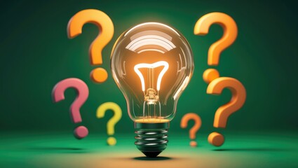 Illuminated lightbulb surrounded by question marks on a green backdrop symbolizing innovative thinking for problem-solving and solution generation through rendering.