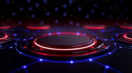 Obraz premium Futuristic Stage Display Platform with Red Accents and Blue Network Connectivity Lighting Design Innovation