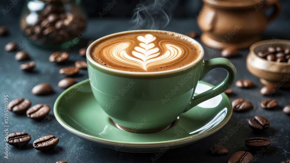Poster a side view presents a steaming hot latte with intricate latte art in a green porcelain cup accompan